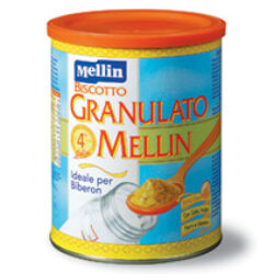 Biscotto Granulato Mellin, per attribuire all’aggiunta del latte il giusto apporto di proteine,carboidrati,vitamine e sali minerali in un pasto ove i grassi sono limitati e non vi sono uova